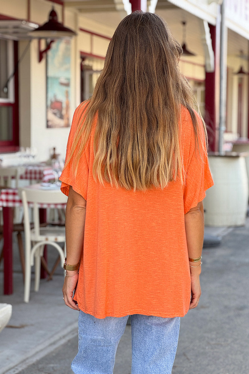 Orange Slouchy Slub Knit V-Neck Tee