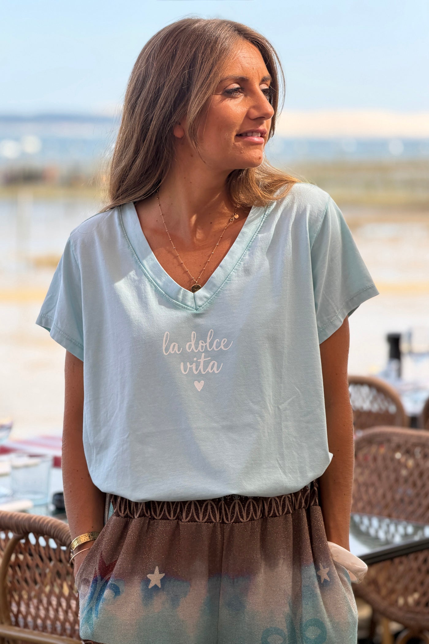 Tshirt vert d'eau en coton Dolce Vita col v