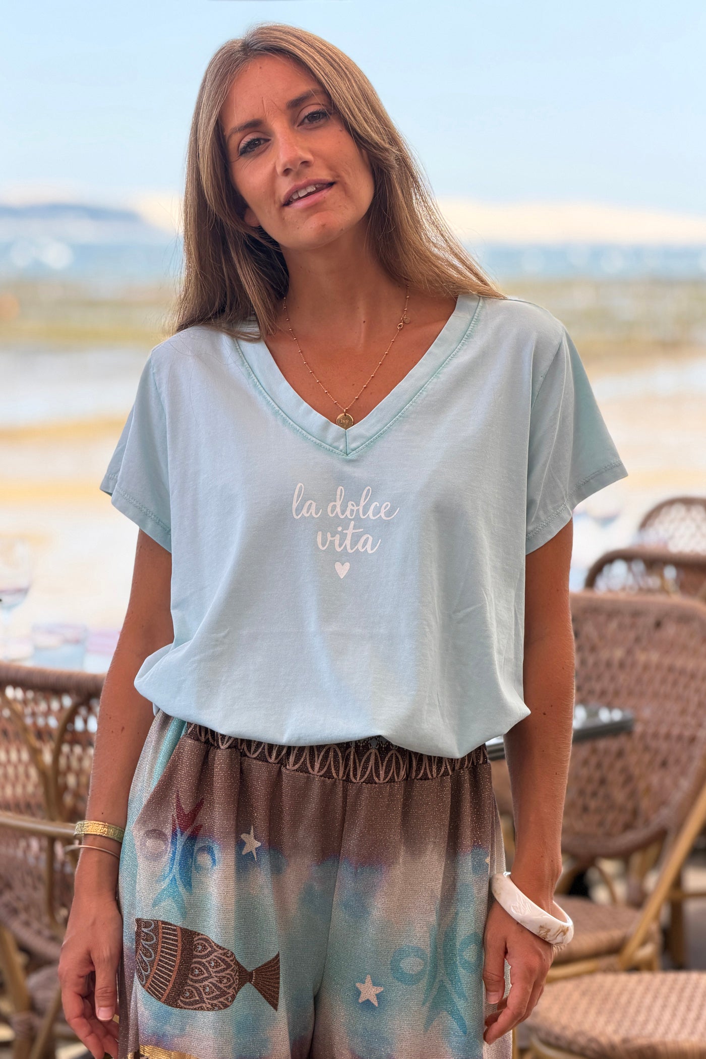 Tshirt vert d'eau en coton Dolce Vita col v