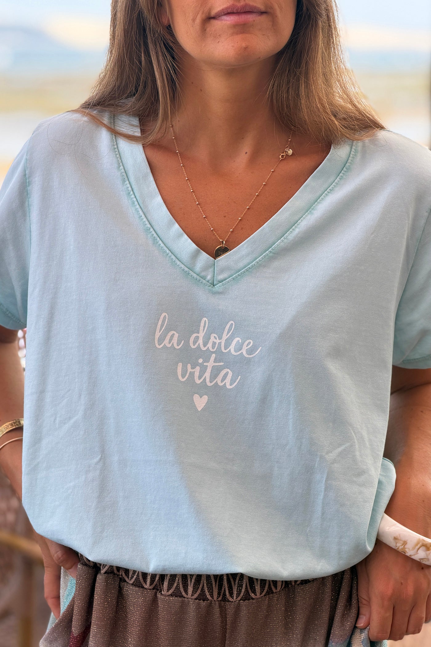 Tshirt vert d'eau en coton Dolce Vita col v