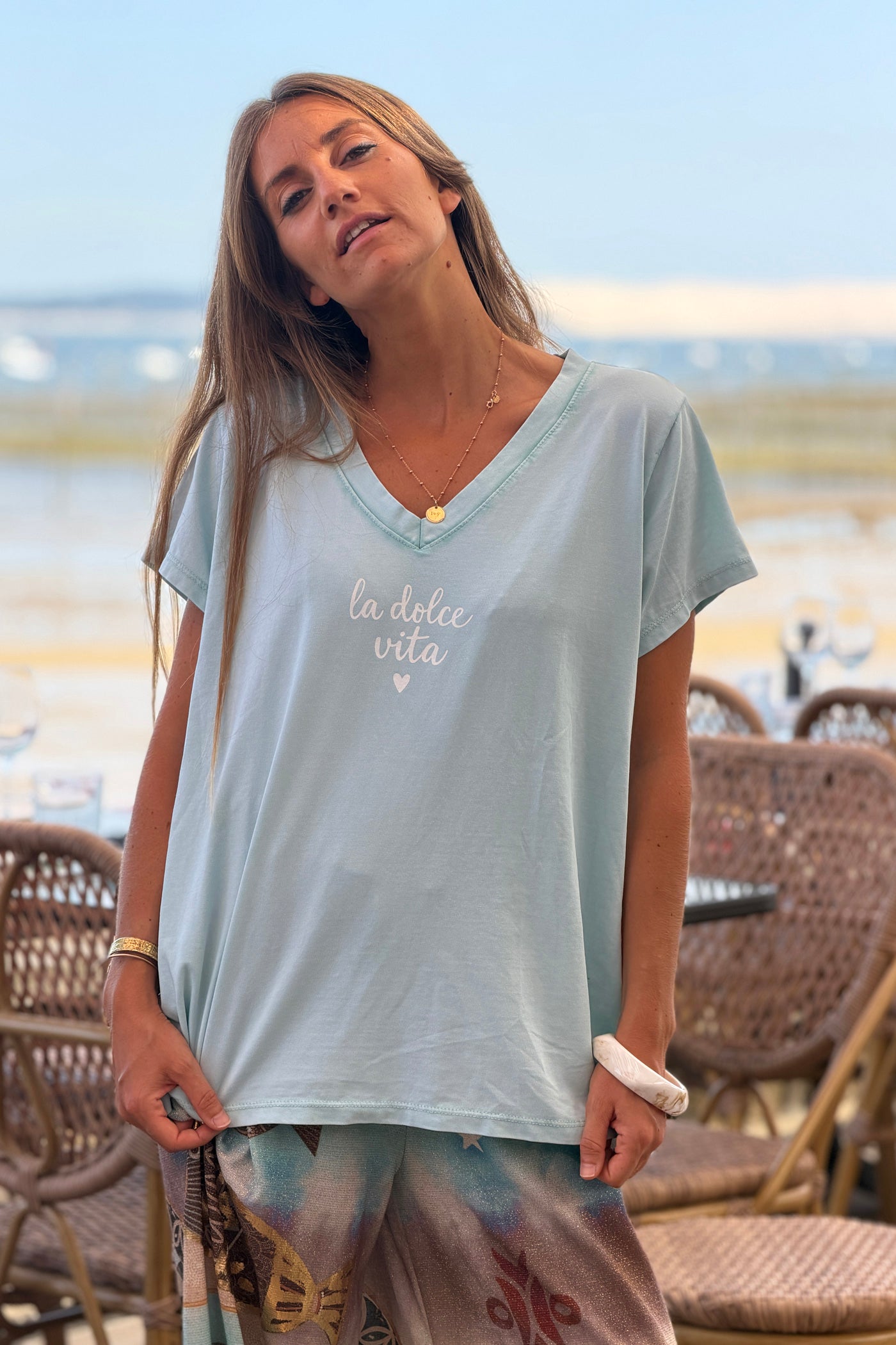 Tshirt vert d'eau en coton Dolce Vita col v