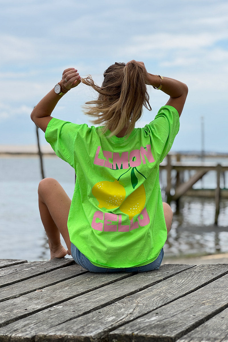 T-shirt vert fluo délavé en coton Limoncello et citrons devant et dos