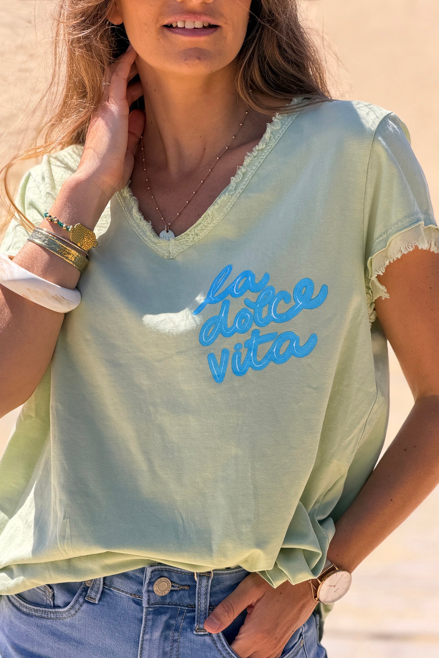 Tshirt vert sauge Dolce Vita finitions franges