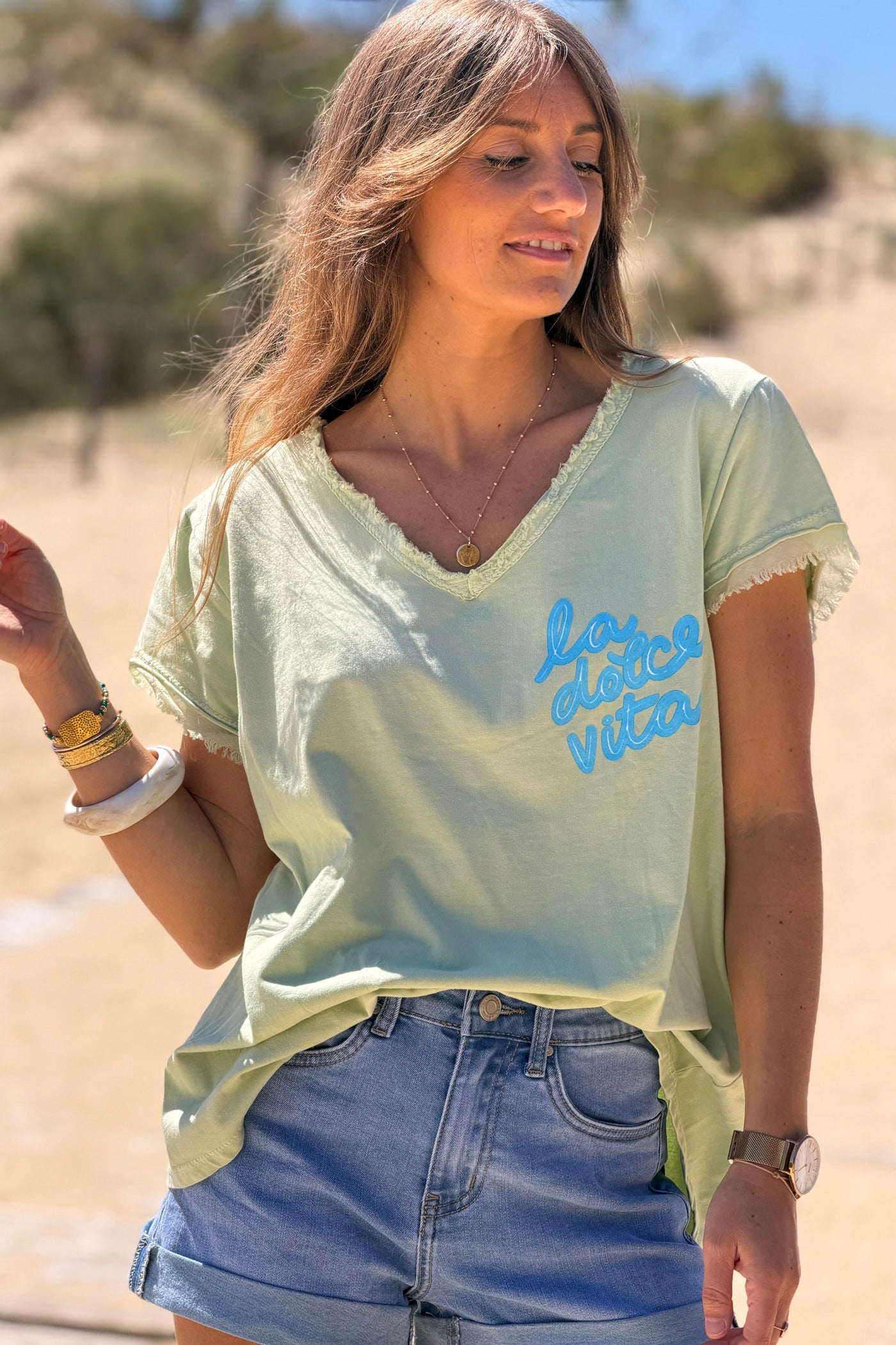 Tshirt vert sauge Dolce Vita finitions franges