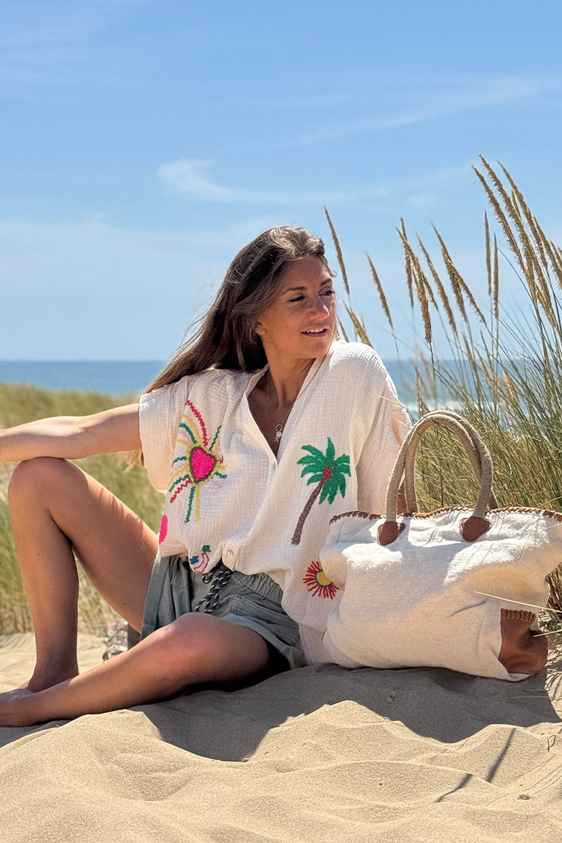 Beige Embroidered Gauze Button-Down Blouse