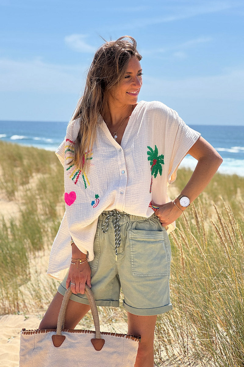 Beige Embroidered Gauze Button-Down Blouse
