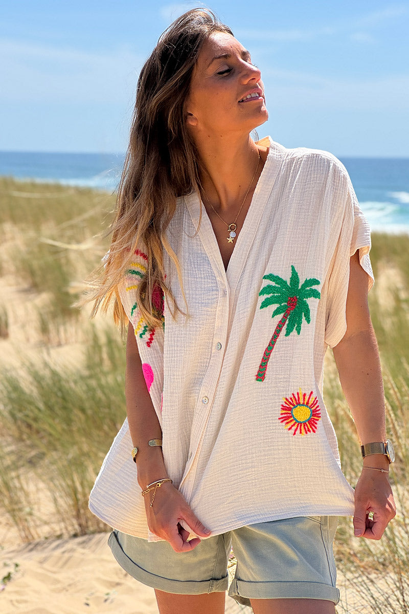 Beige Embroidered Gauze Button-Down Blouse