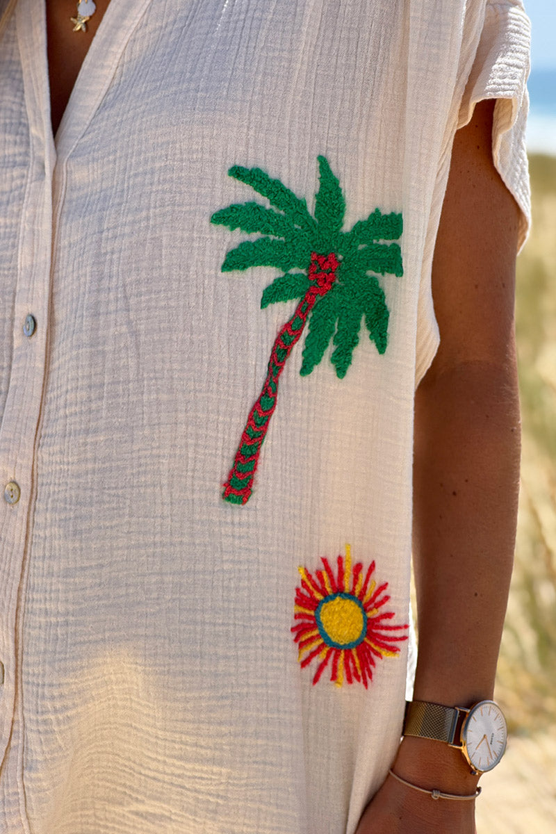 Beige Embroidered Gauze Button-Down Blouse