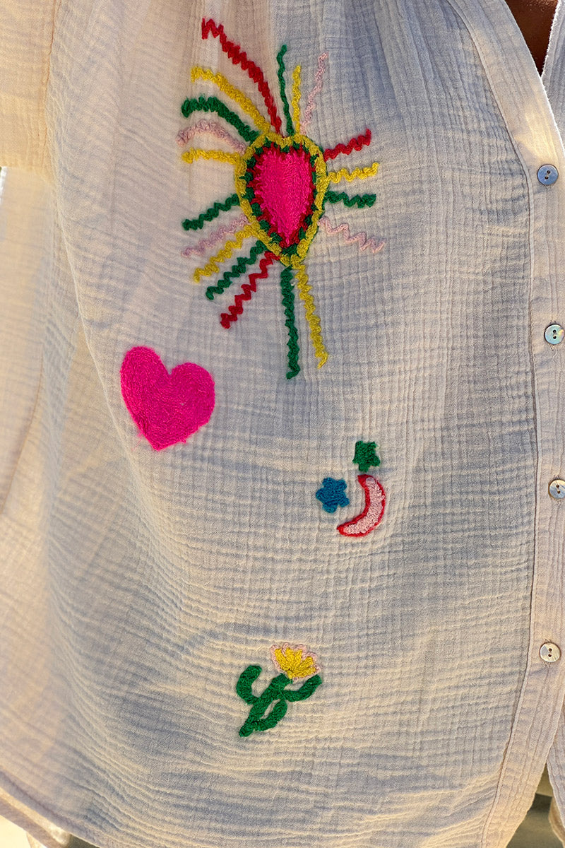 Beige Embroidered Gauze Button-Down Blouse