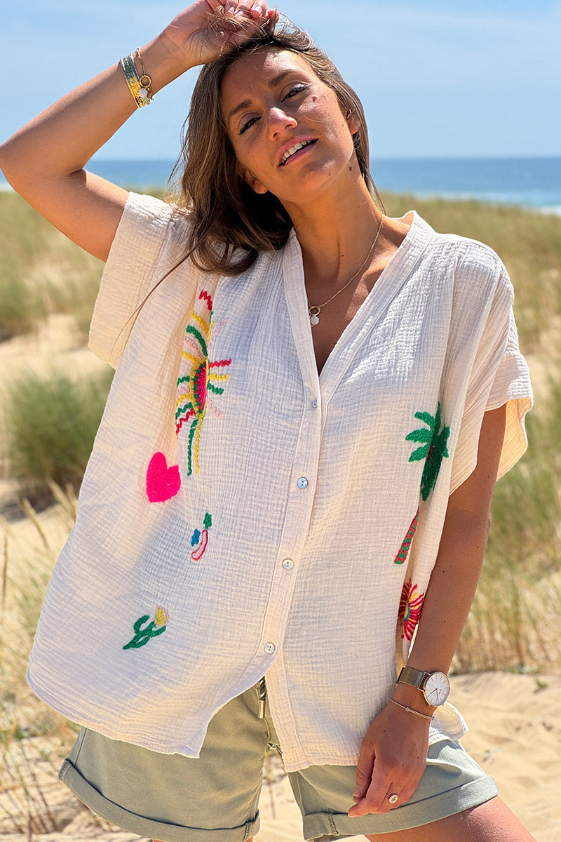 Beige Embroidered Gauze Button-Down Blouse