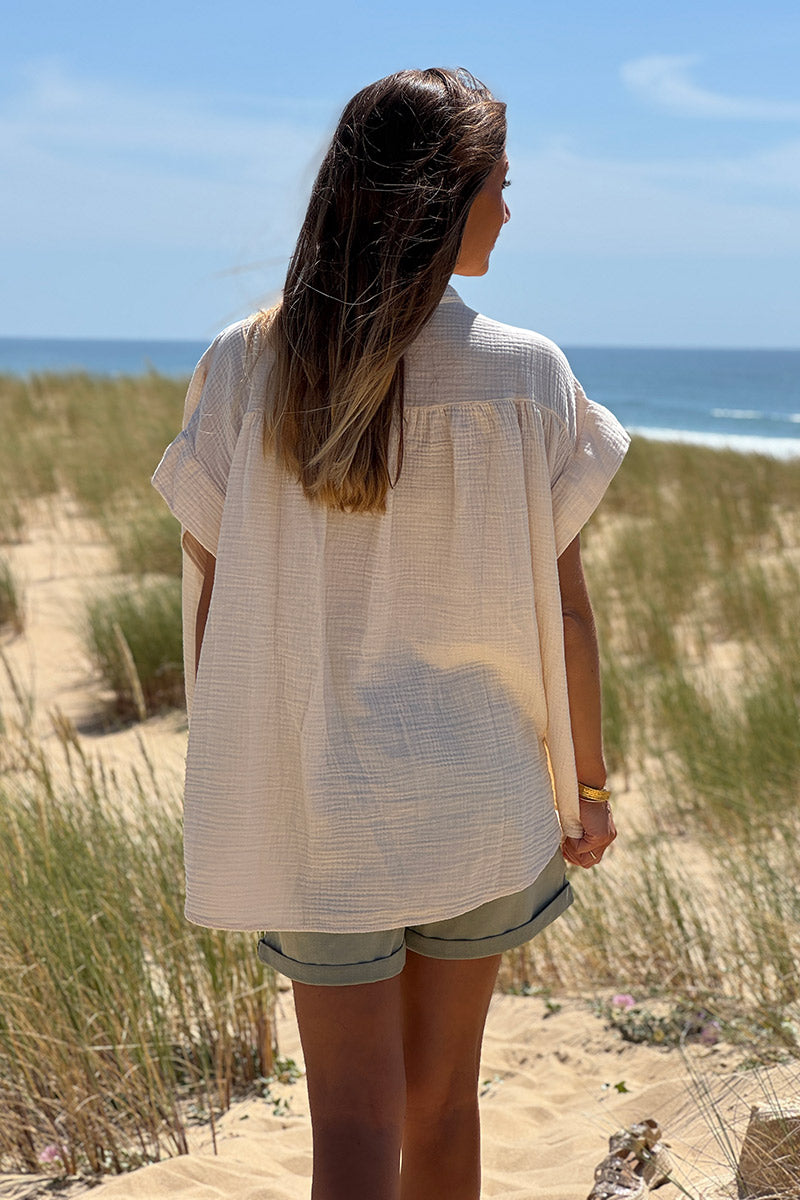 Beige Embroidered Gauze Button-Down Blouse