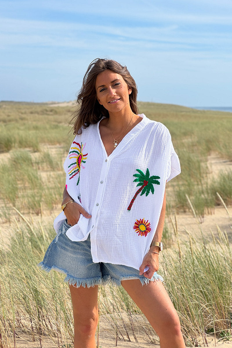 White Embroidered Gauze Button-Down Blouse