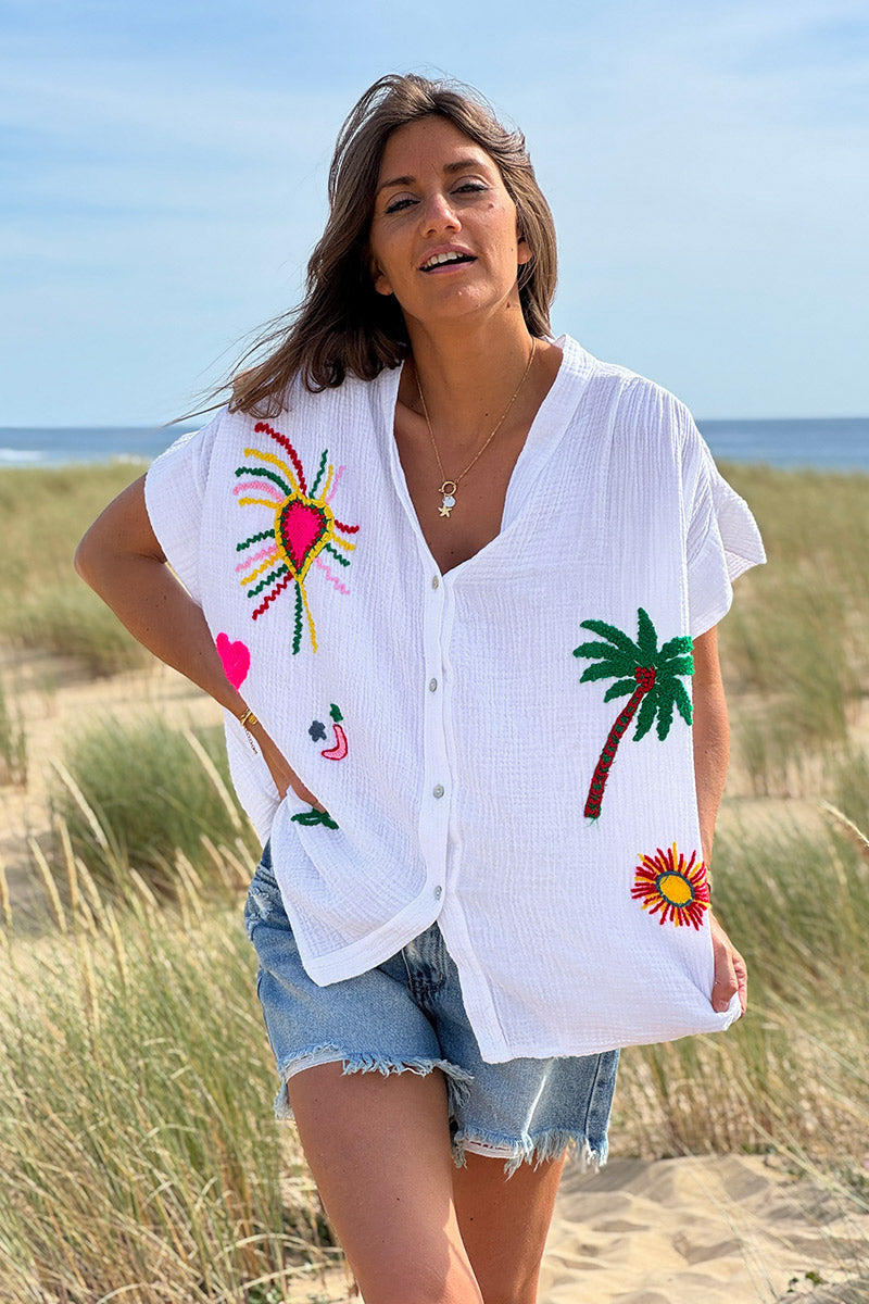 White Embroidered Gauze Button-Down Blouse