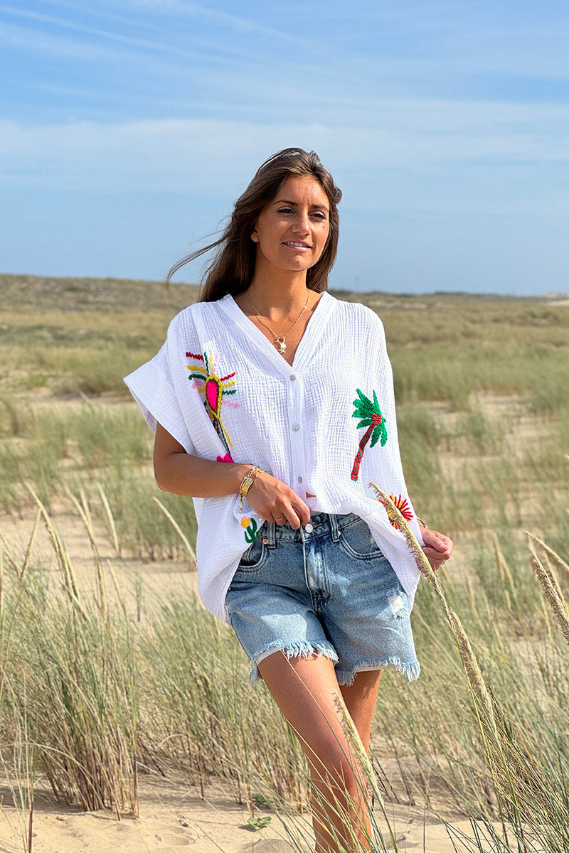 White Embroidered Gauze Button-Down Blouse