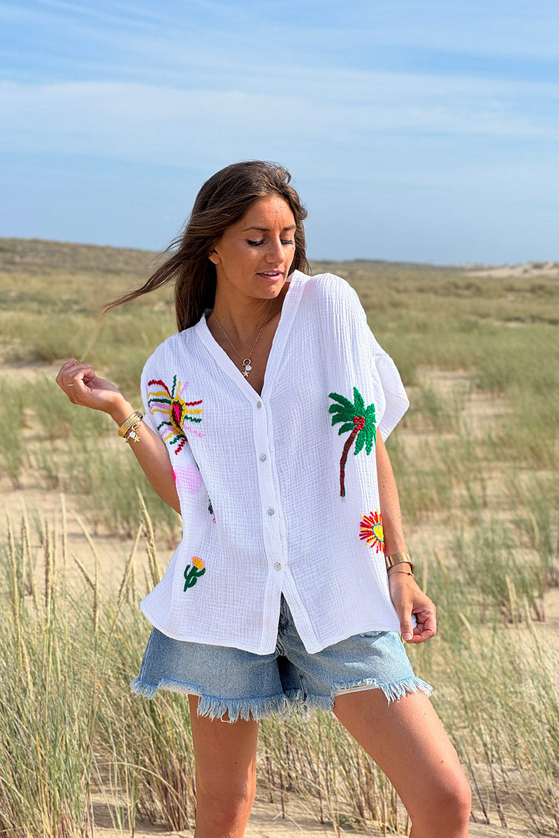 White Embroidered Gauze Button-Down Blouse