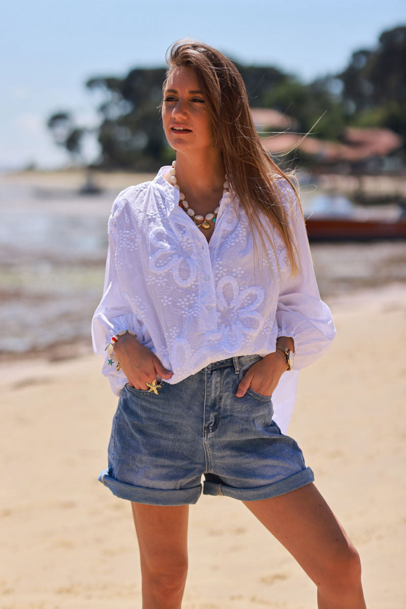 White Gauze Boucle Embroidered Blouse