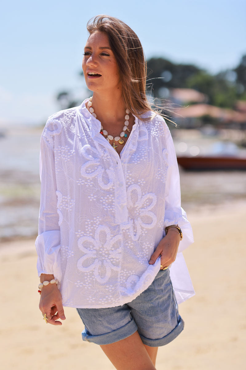 White Gauze Boucle Embroidered Blouse