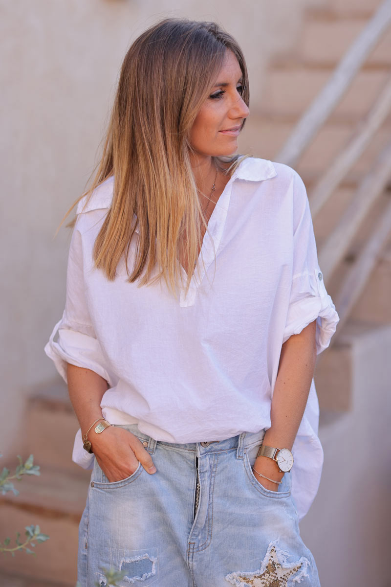 Tunique blanche en coton col chemise manches retroussables