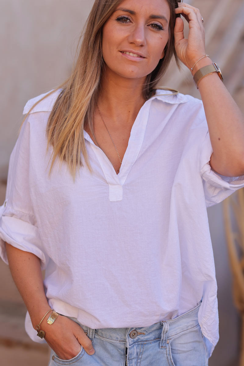 Tunique blanche en coton col chemise manches retroussables