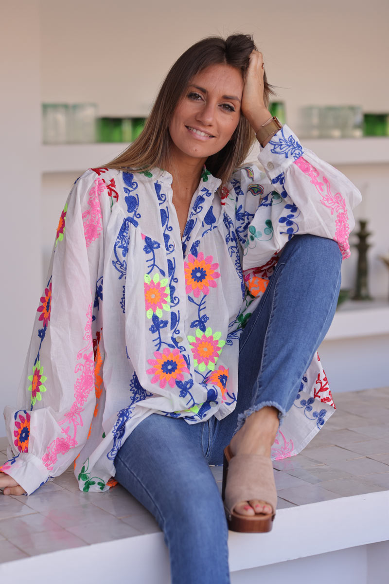 White cotton shirt with bright colourful paisley and floral embroidery