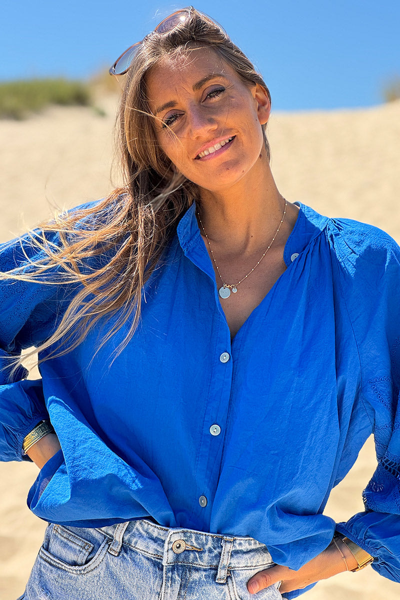 Royal blue Lotus Sleeve Poplin Blouse