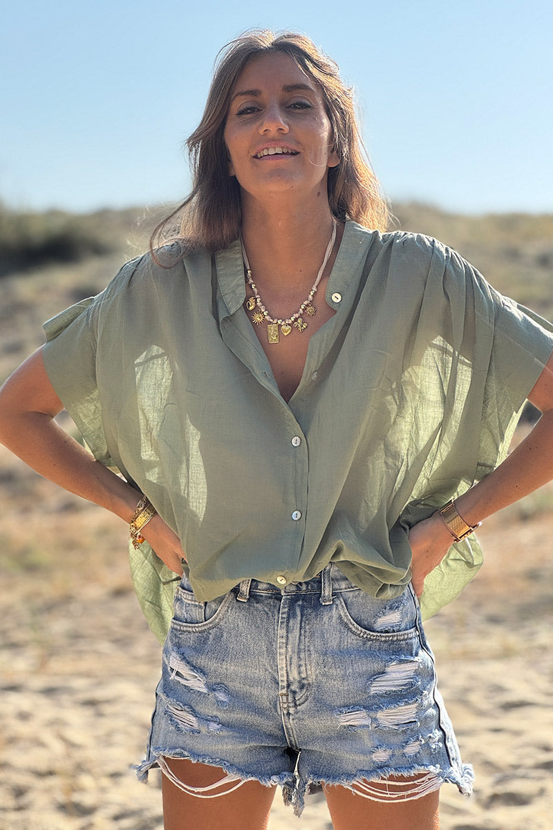 Tunique chemise large et légère kaki en voile de coton petites manches