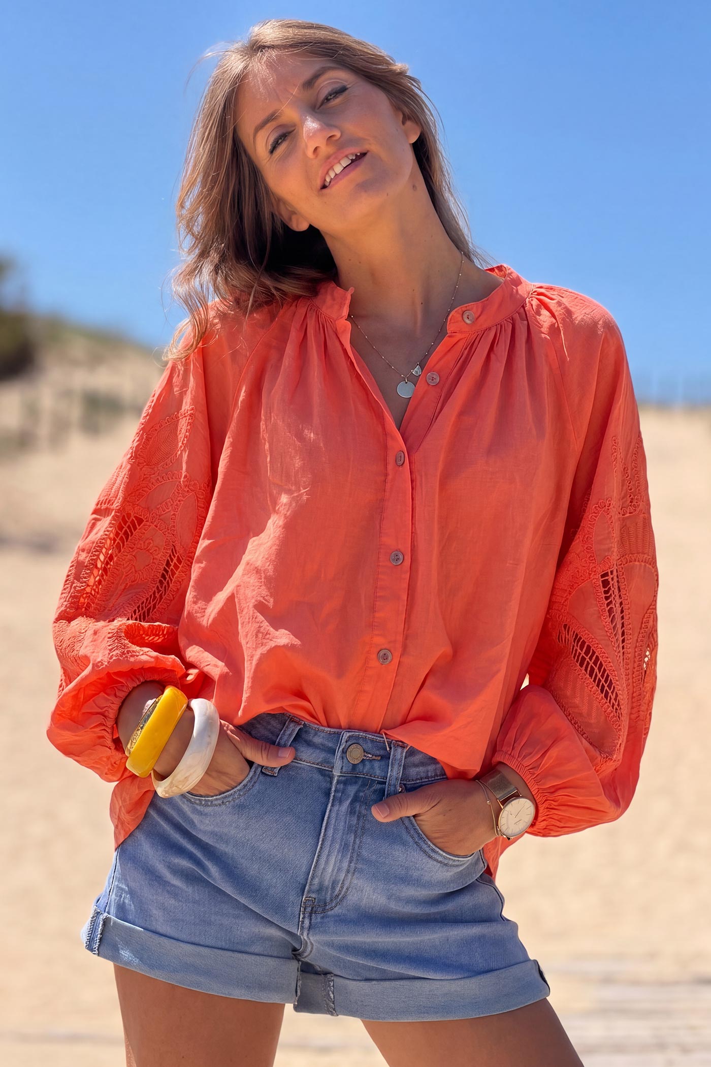 Coral Lotus Sleeve Poplin Blouse