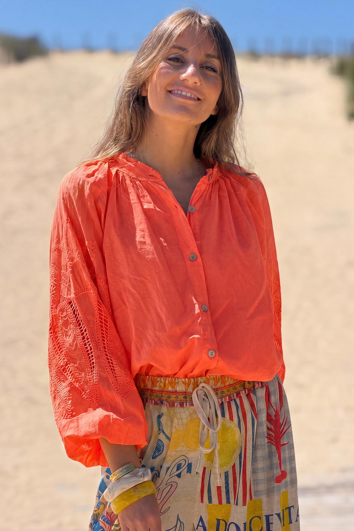 Coral Lotus Sleeve Poplin Blouse