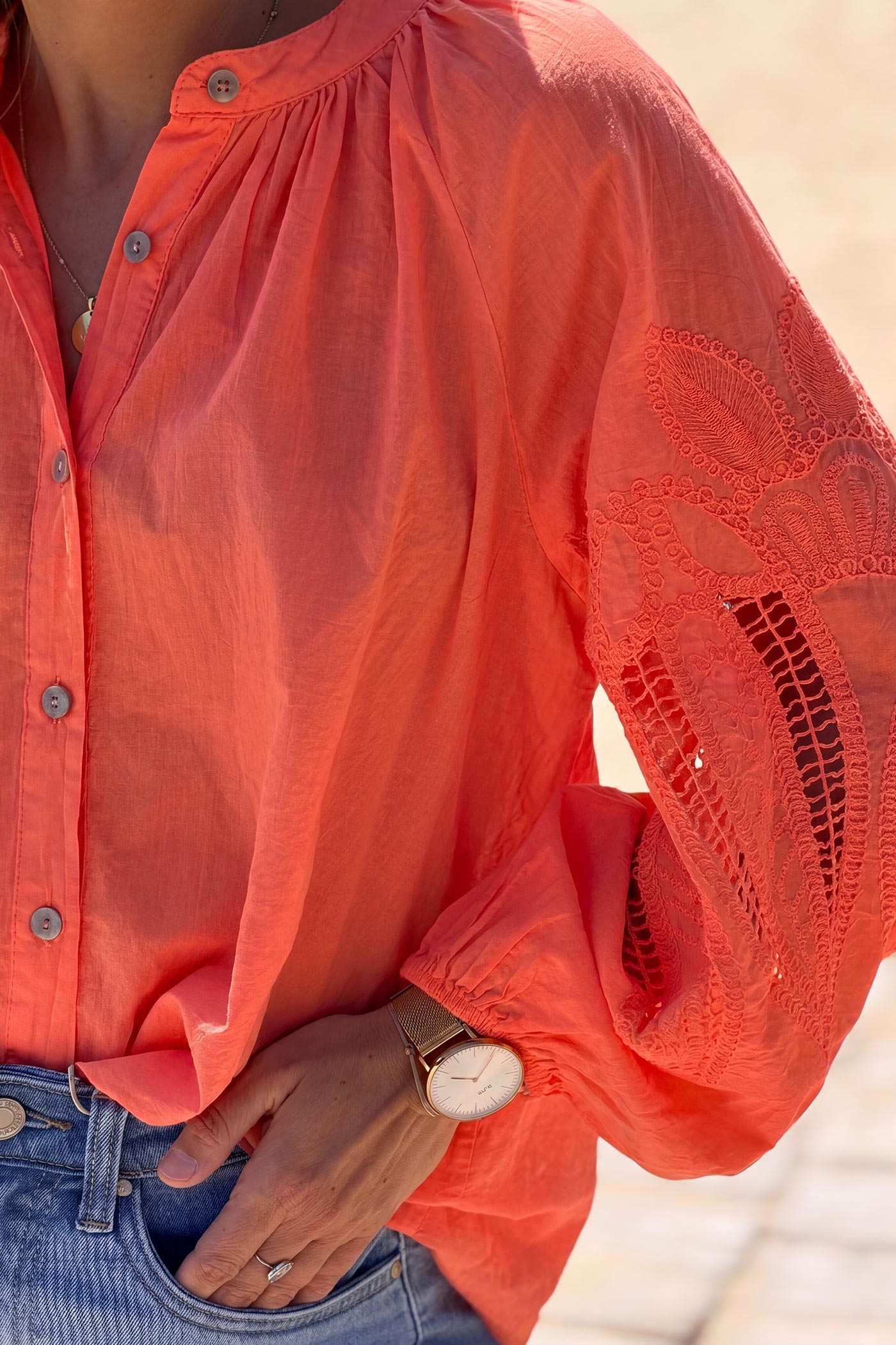 Coral Lotus Sleeve Poplin Blouse