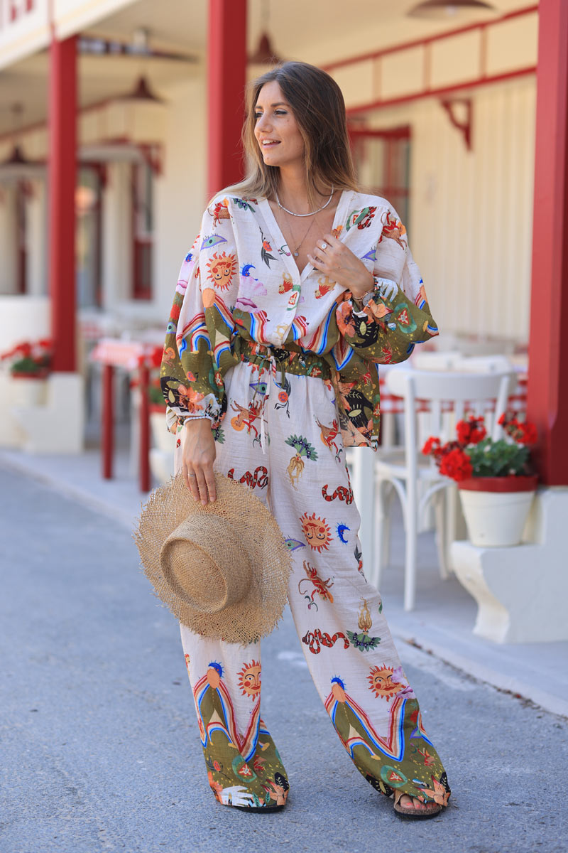 Olive and Cream Tunic with Colorful Zodiac Symbols and Buttons