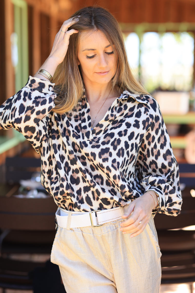 Tunique en coton col chemise imprimé léopard