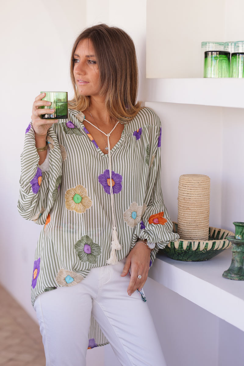 Floaty semi-sheer blouse with khaki stripes and colourful flower print