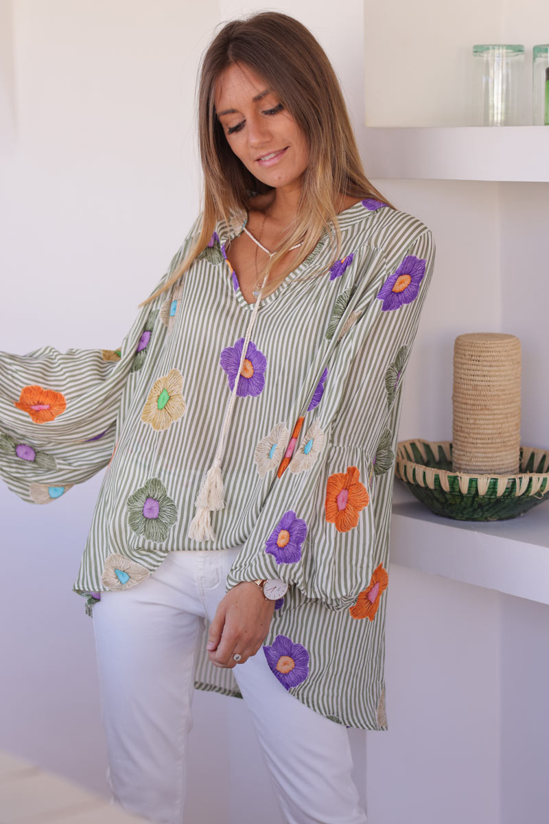 Floaty semi-sheer blouse with khaki stripes and colourful flower print