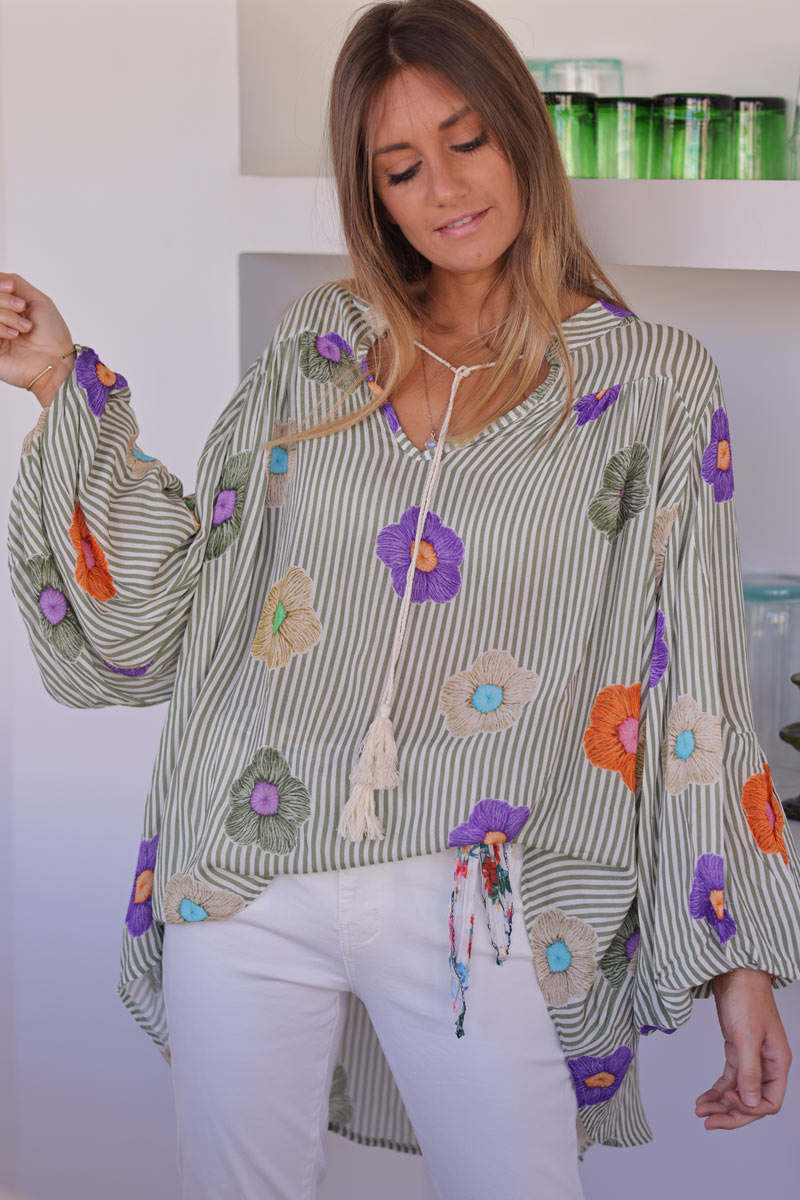 Tunique fluide a rayures kaki imprimé fleurs colorées manches bouffantes