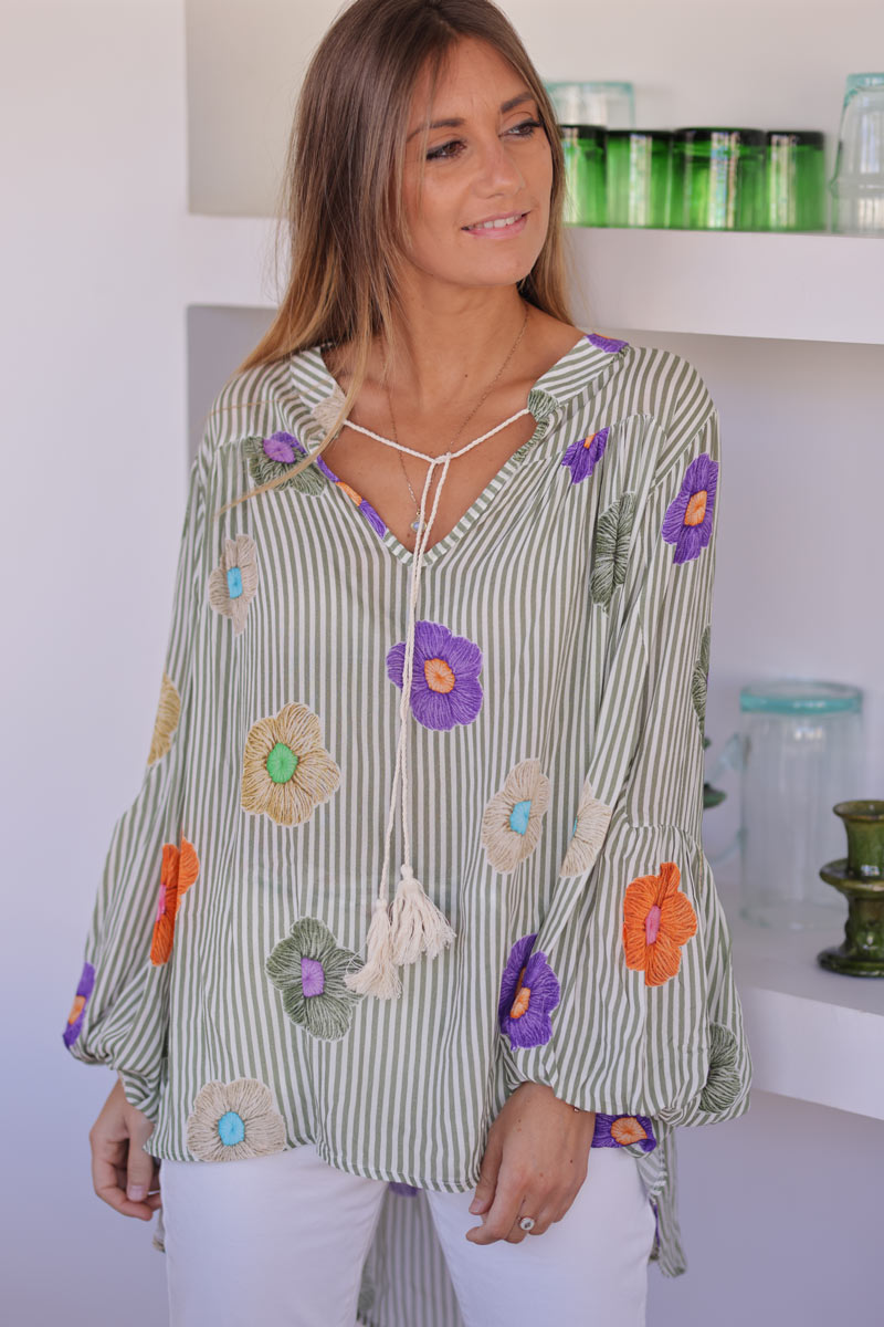Floaty semi-sheer blouse with khaki stripes and colourful flower print