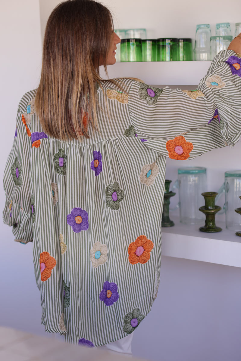 Floaty semi-sheer blouse with khaki stripes and colourful flower print