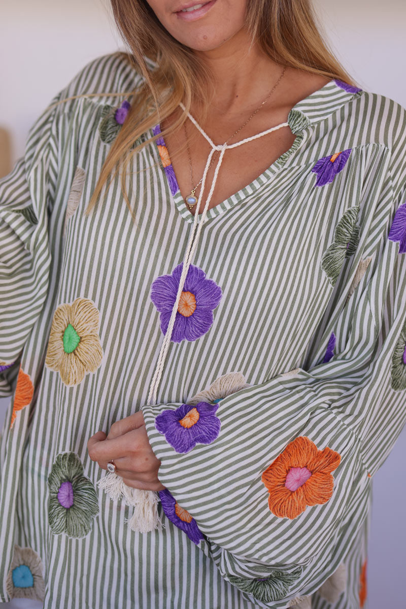 Tunique fluide a rayures kaki imprimé fleurs colorées manches bouffantes