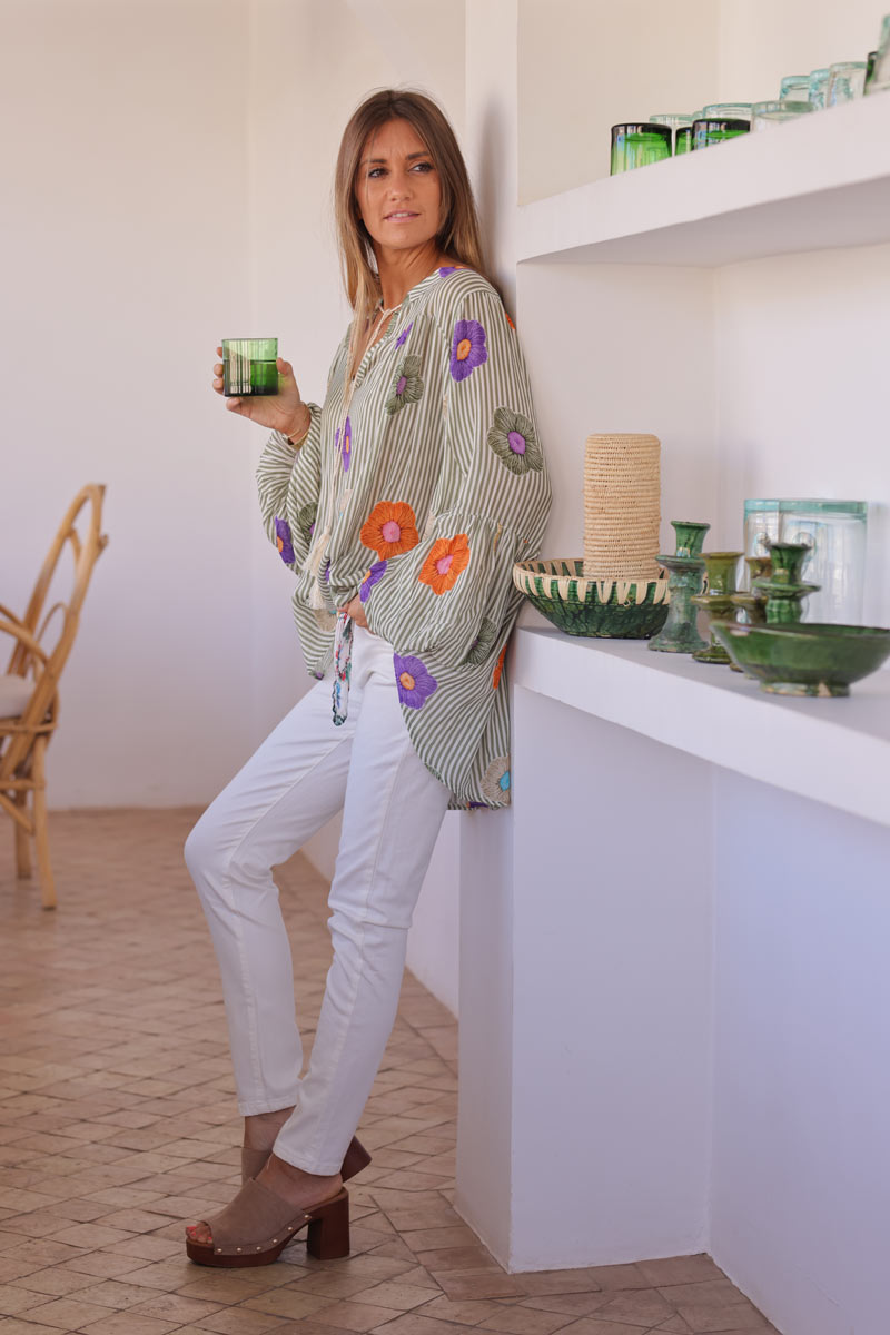 Floaty semi-sheer blouse with khaki stripes and colourful flower print