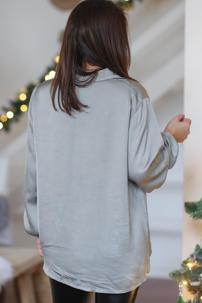 Tunique gris taupe satine effet soie col chemise boutonne e417 (1)