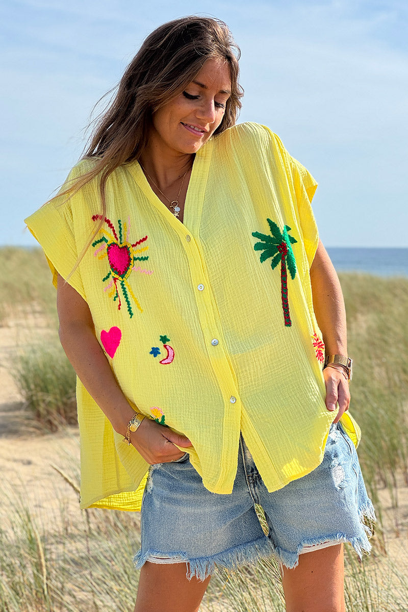 Tunique jaune à boutons en gaze de coton broderie symboles été colorés