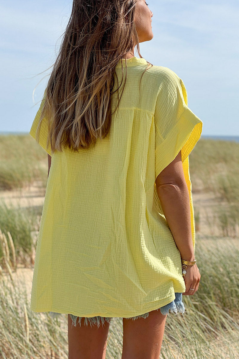 Tunique jaune à boutons en gaze de coton broderie symboles été colorés