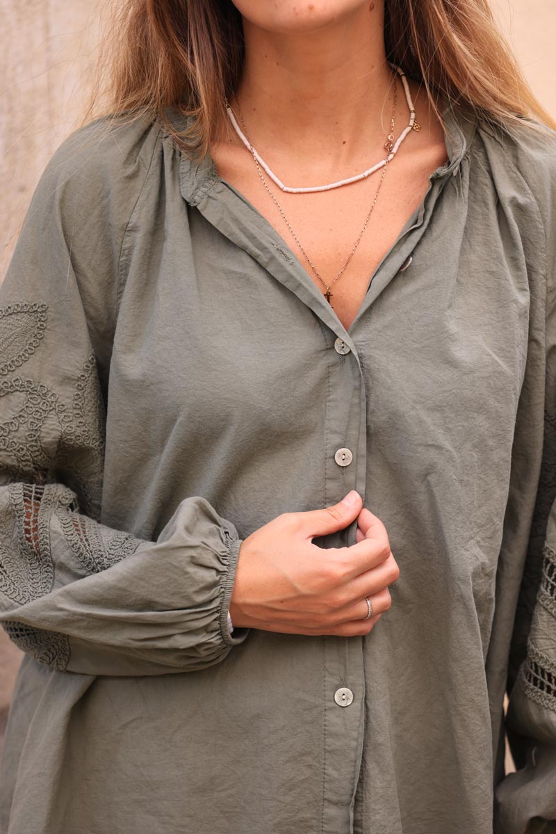 Olive Lotus Sleeve Poplin Blouse