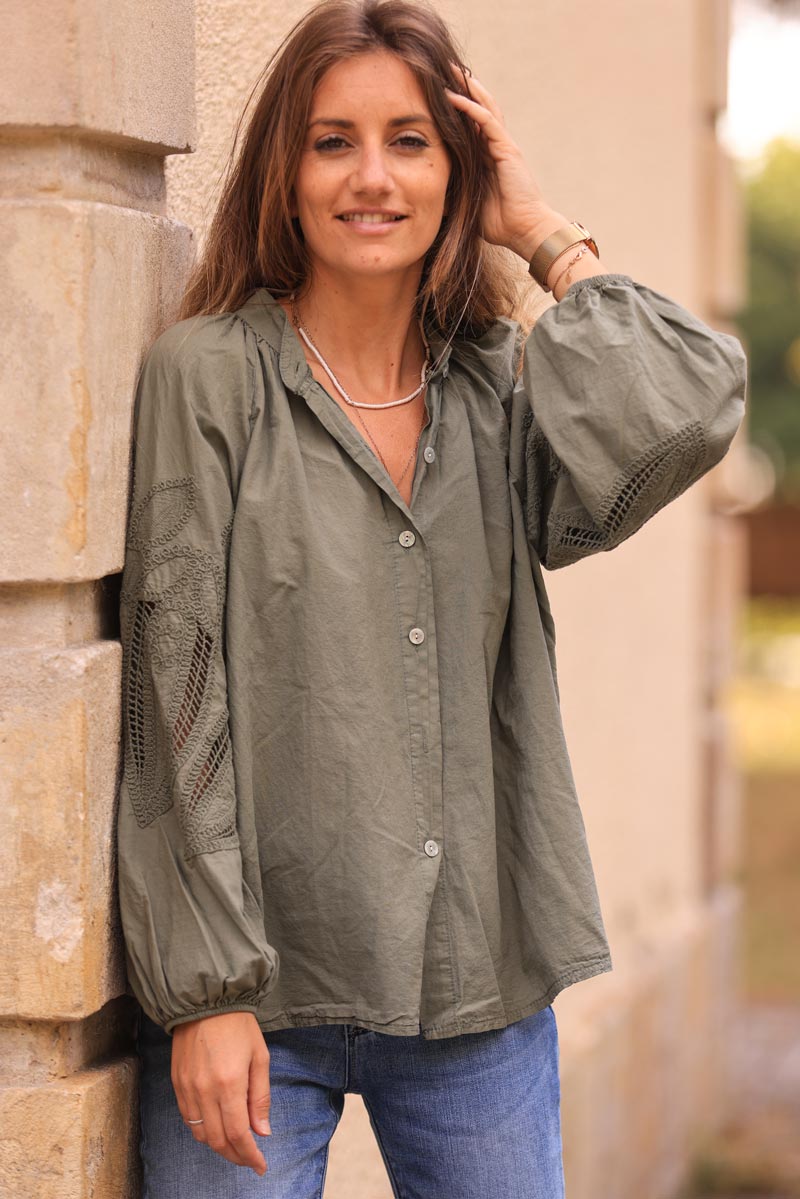 Olive Lotus Sleeve Poplin Blouse