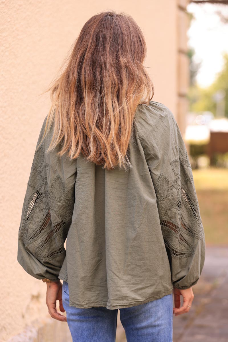 Olive Lotus Sleeve Poplin Blouse