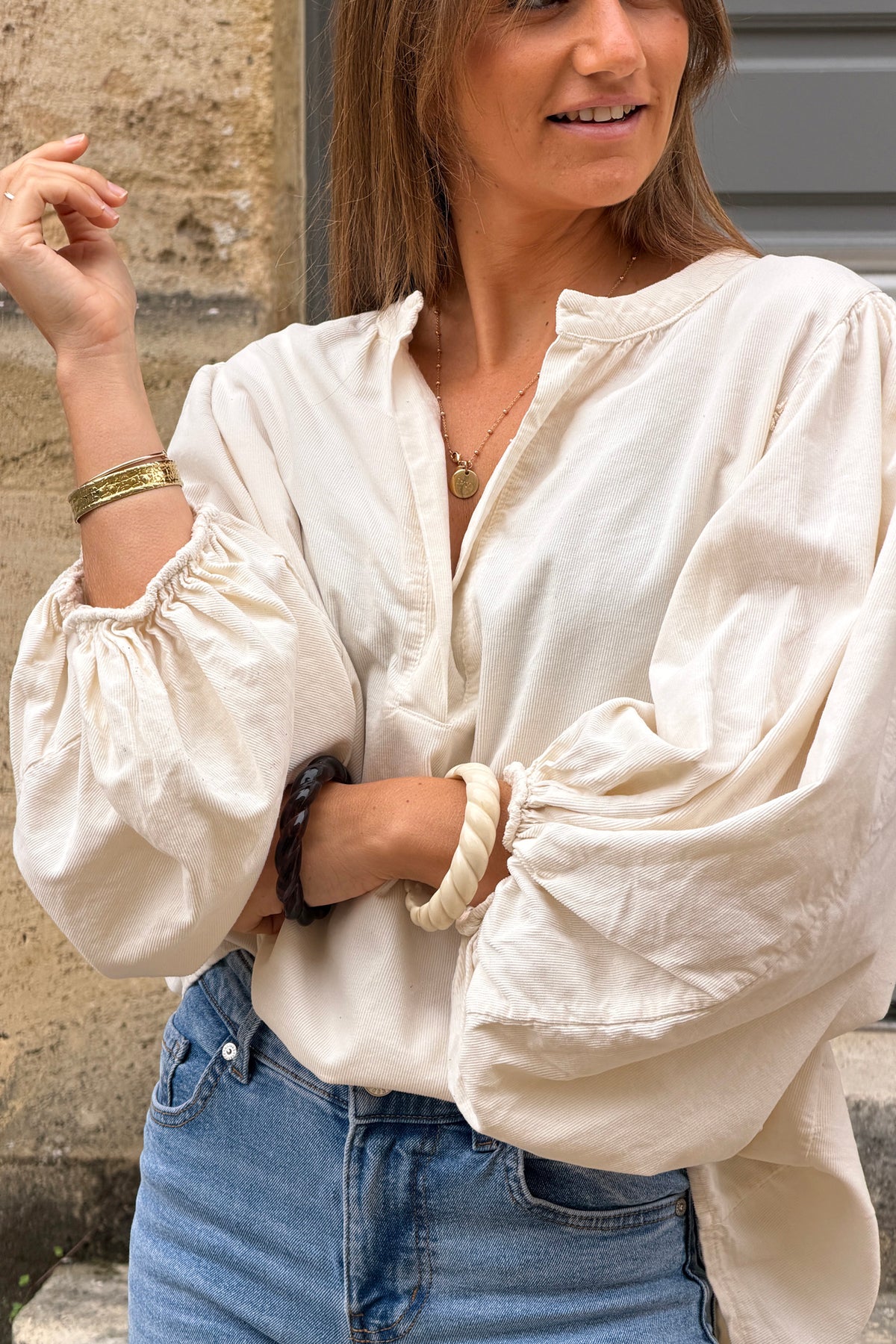 Beige Corduroy Peasant Blouse