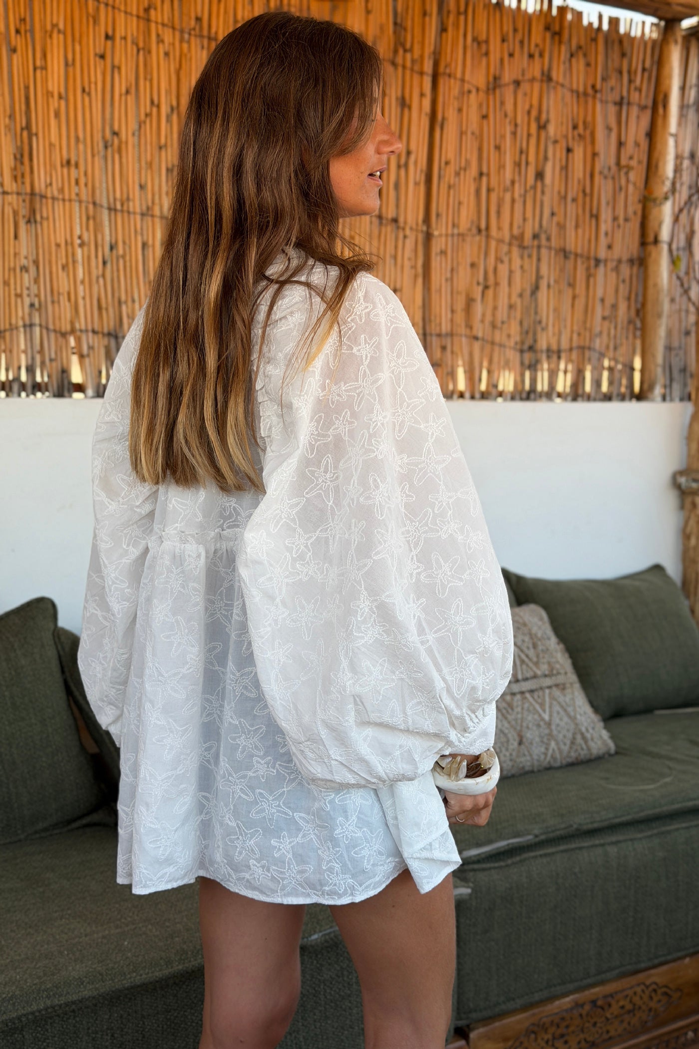 White Embroidered Starfish Ruffle Back Blouse