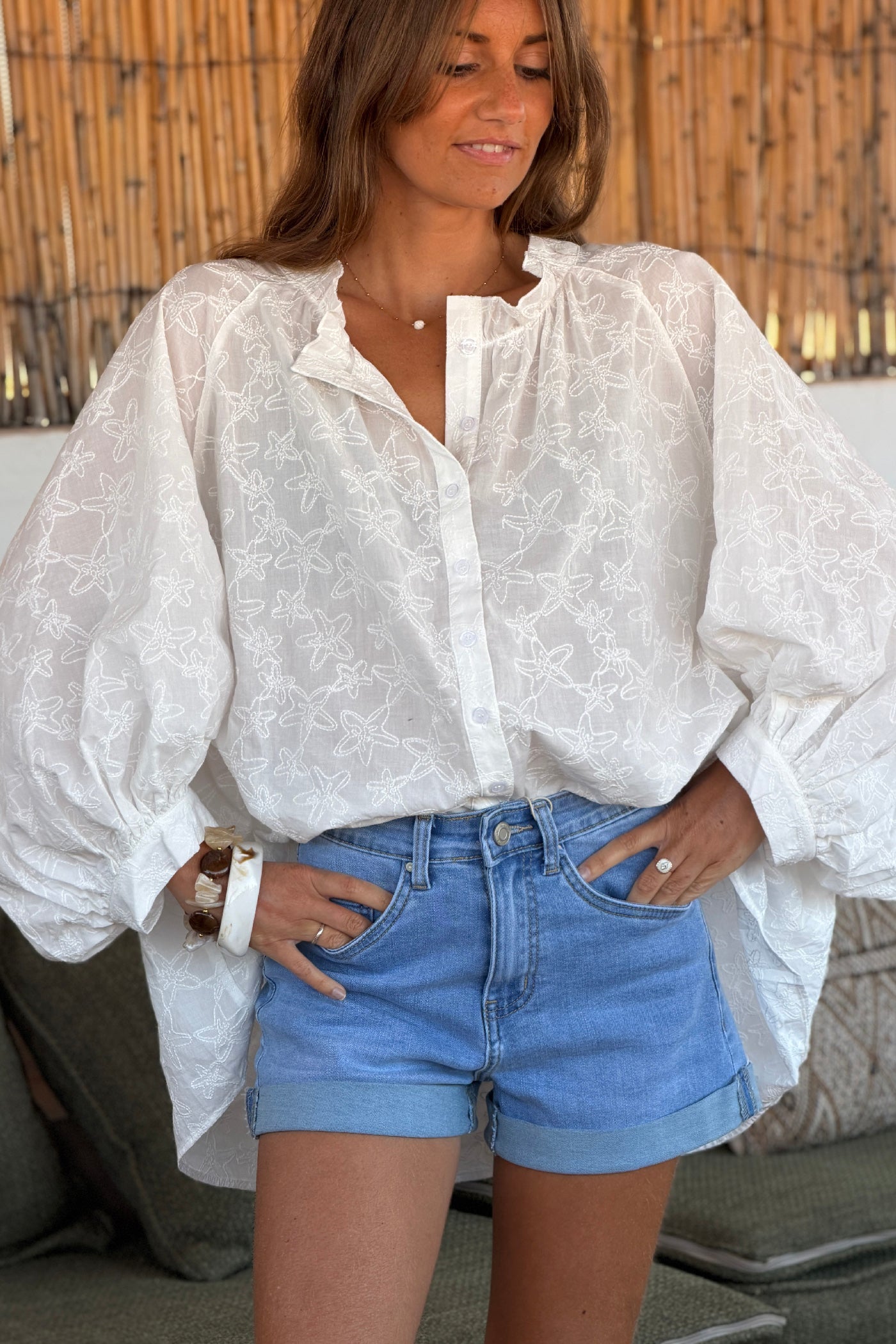 White Embroidered Starfish Ruffle Back Blouse