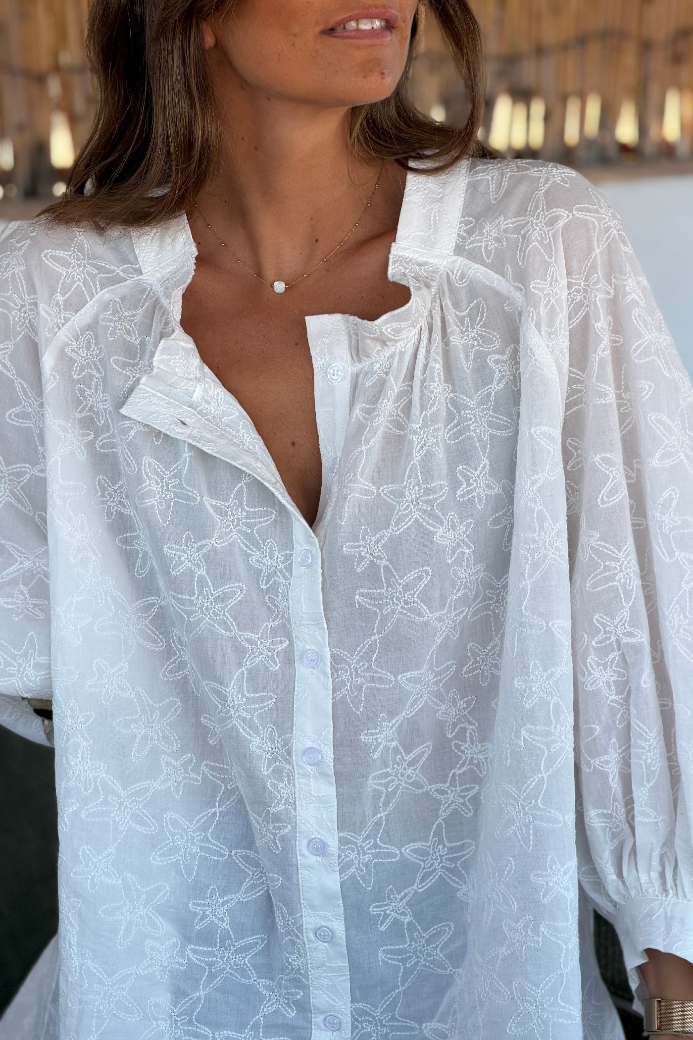 White Embroidered Starfish Ruffle Back Blouse