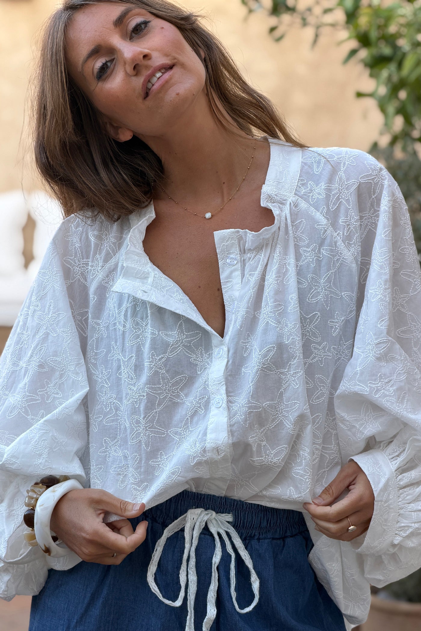 White Embroidered Starfish Ruffle Back Blouse
