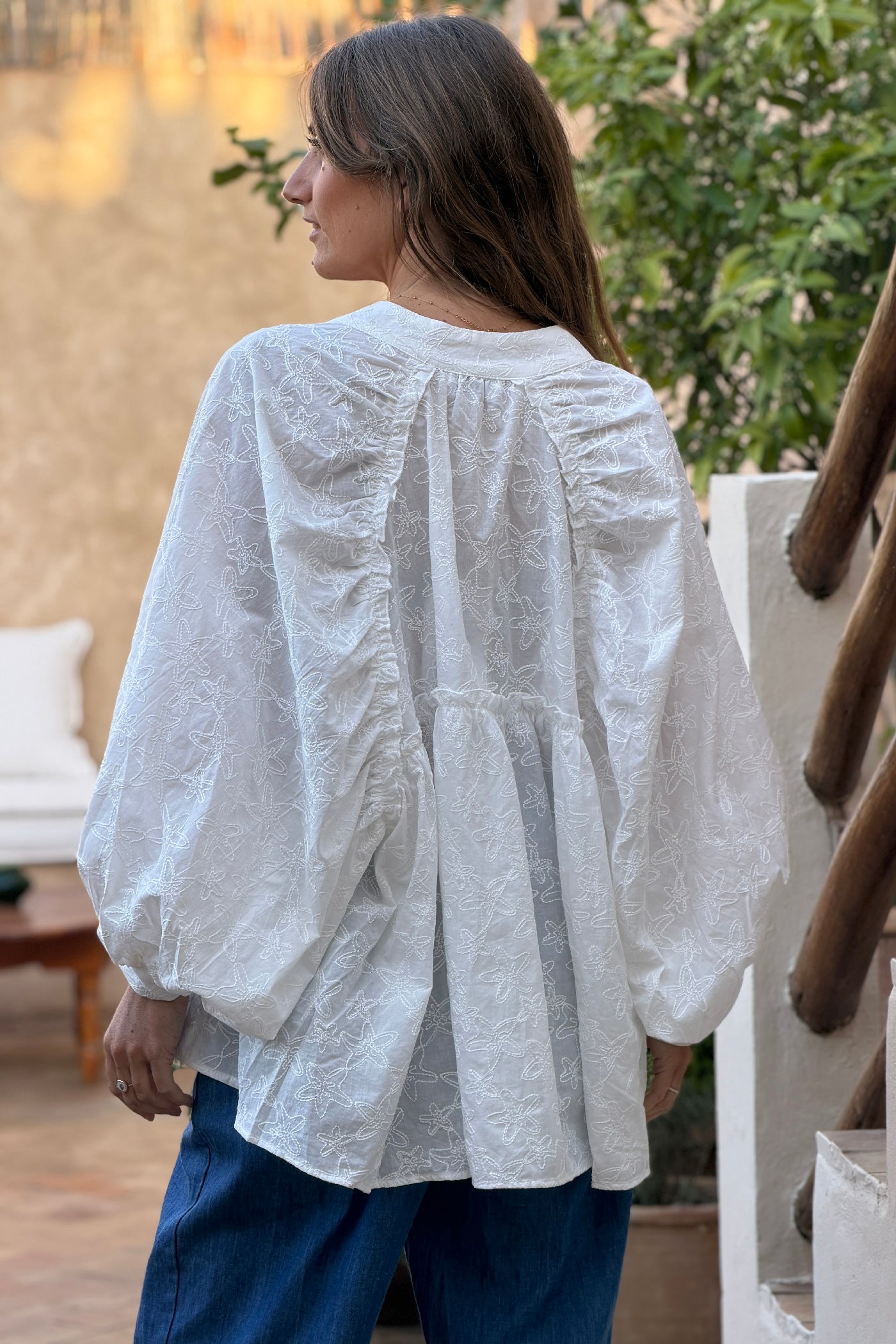 White Embroidered Starfish Ruffle Back Blouse